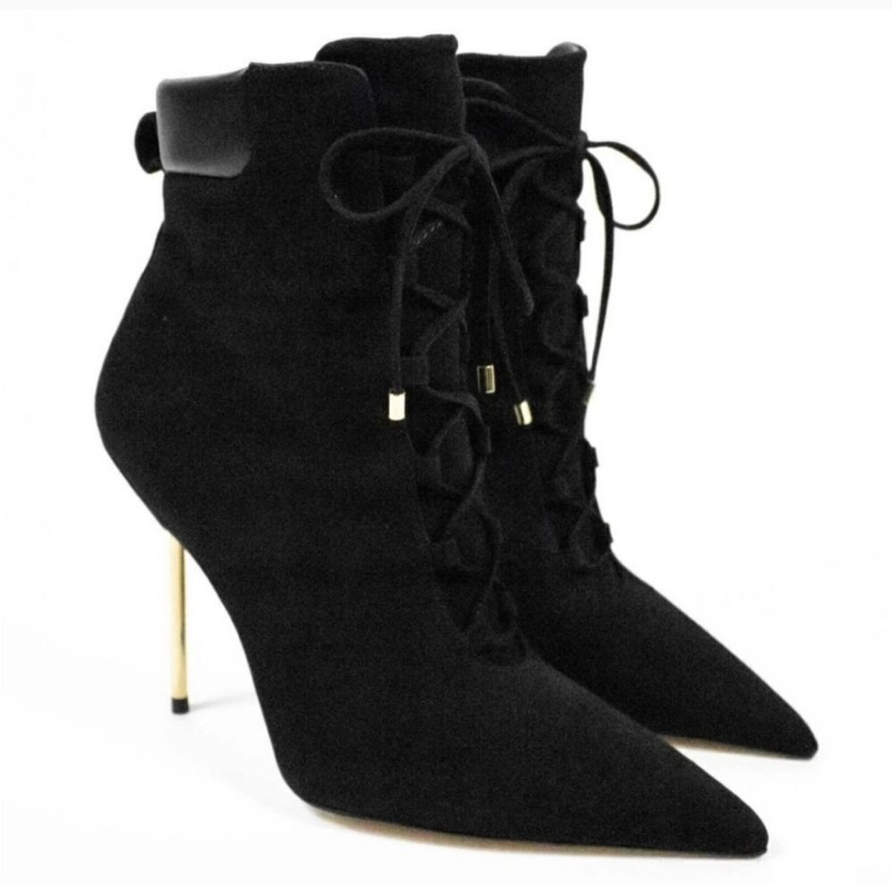 Good American Black Ankle Boots with Gold Heel